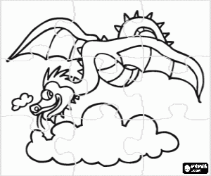 Coloriage Puzzle de Dragon ail� volant parmi les nuages