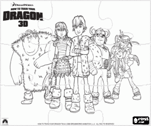 Coloriage Puzzle de Dragons - Le groupe de jeunes de la tribu des Vikings