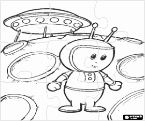 Coloriage Puzzle de Extraterrestre avec son navire spatial sur une plan�te lointaine