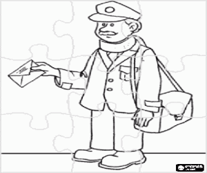 Coloriage Puzzle de facteur du service de courrier � distribuer des lettres du sac accroch� � l'arri�re