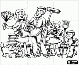 Coloriage Puzzle de famille pr�t � nettoyer son maison, les parents, les enfants et le chien