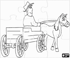 Coloriage Puzzle de fermier avec un chariot hippomobile