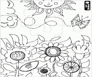 Coloriage Puzzle de fleurs dans le domaine avec le vol d'un papillon et le soleil sur le sommet