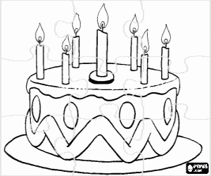 Coloriage Puzzle de g�teau d'anniversaire avec sept bougies allum�es