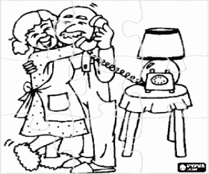Coloriage Puzzle de Grand-p�re et grand-m�re s'enla�ant et heureux de recevoir des nouvelles de ses petits-enfants sur le t�l�phone