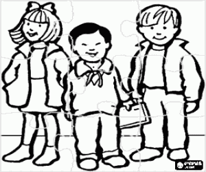 Coloriage Puzzle de Groupe d'enfants, deux gar�ons et une fille