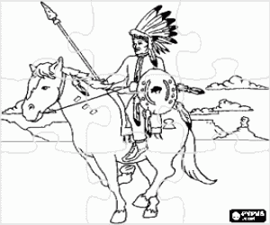 Coloriage Puzzle de guerrier indien chevauchant � travers la plaine, avec des montagnes derri�re, de ses plumes, de bouclier et la lance