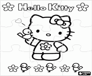 Coloriage Puzzle de Hello Kitty avec des fleurs et des oiseaux