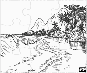 Coloriage Puzzle de image de c�te tropicale avec de cases, des palmiers et des fortes vagues