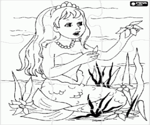 Coloriage Puzzle de Jeune sir�ne en reprenant des fleurs du fond marin