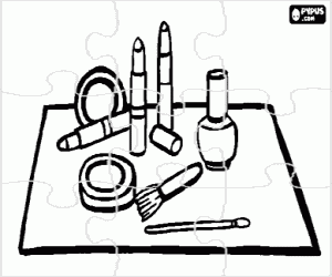 Coloriage Puzzle de kit de maquillage avec rouge � l�vres, vernis � ongles, rouge � joues, brosse et pinceau