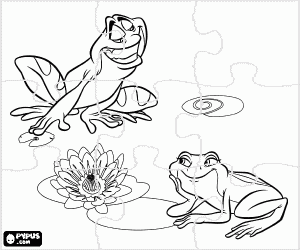 Coloriage Puzzle de La grenouille Tiana �couter les chansons d'amour de grenouille Naveen dans l'�tang