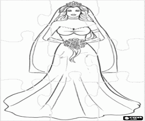Coloriage Puzzle de La mari�e le jour du mariage avec la longue robe, voile avec tiare et le bouquet