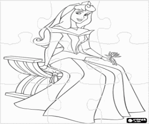 Coloriage Puzzle de la Princesse Aurora compl�tement heureux avec sa tiare et une rose � la main