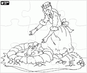 Coloriage Puzzle de la princesse jouant dans l'�tang avec le prince transform� en grenouille, avec leurs deux couronnes