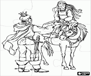 Coloriage Puzzle de le prince avec son �p�e � la ceinture pour aider la princesse descendre du cheval