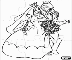 Coloriage Puzzle de le prince et la princesse avec leurs couronnes dans la procession de mariage apr�s le mariage royal