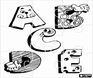 Coloriage Puzzle de Lettres A, B, C, D et E avec des dessins amusants