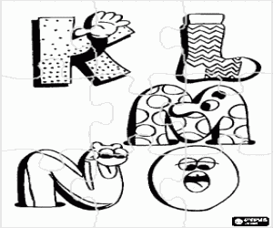Coloriage Puzzle de Lettres K, L, M, N et O avec des dessins amusants