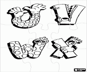 Coloriage Puzzle de lettres U, V, W et X avec des dessins amusants