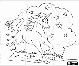 Coloriage Puzzle de Licorne ou unicorne - Casse-t�te de Jeune cheval avec une corne en spirale