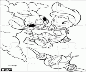 Coloriage Puzzle de Lilo & Stitch - Casse-t�te de Lilo volant dans les bras de Stitch