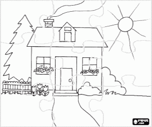 Coloriage Puzzle de Maison au printemps avec des fleurs aux fen�tres