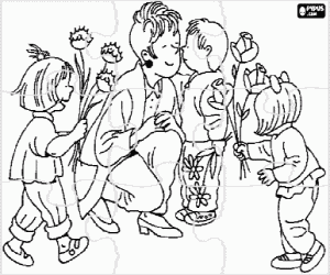Coloriage Puzzle de maman ou la m�re recevont des fleurs et des baisers de leurs enfants