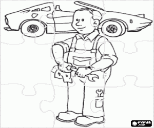 Coloriage Puzzle de M�canicien de voitures � l'atelier en nettoyant d'une cl�