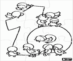 Coloriage Puzzle de num�ro 10 avec dix petits oiseaux