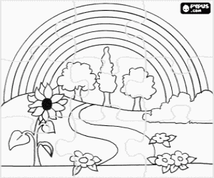 Coloriage Puzzle de paysage au printemps avec des fleurs, des arbres et des arc-en-ciel