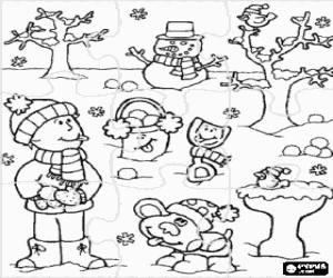 Coloriage Puzzle de Paysage d'hiver avec des enfants, le chien et le bonhomme de neige, tous les bien-abri