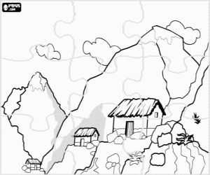 Coloriage Puzzle de paysage de haute montagne avec des sommets enneig�s et des abris