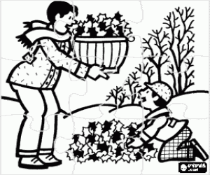 Coloriage Puzzle de p�re et fils de la collecte des feuilles mortes des arbres au cours de l'automne