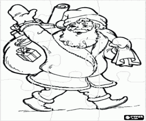 Coloriage Puzzle de P�re No�l ou Santa Claus portant un sac rempli de cadeaux - Puzzle de No�l