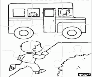 Coloriage Puzzle de petit autobus scolaire et enfant en courant