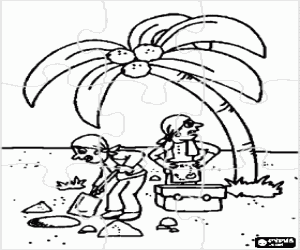 Coloriage Puzzle de pirates en enterrant le cofre du tr�sor avec la carte pr�s d'un palmier