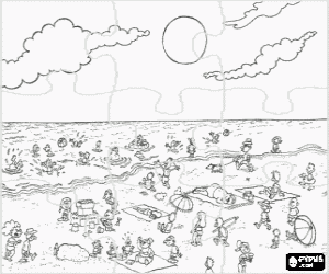 Coloriage Puzzle de plage � l'�t� -  Diff�rentes activit�s en mer et la plage