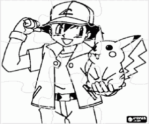 Coloriage Puzzle de Pokemon - Ash, formateur de pok�mon, avec son premier Pok�mon Pikachu