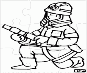 Coloriage Puzzle de Pompier avec un genou sur le sol et le tuyau pr�t