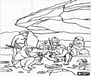 Coloriage Puzzle de Pr�histoire - Groupe d'hommes de Neanderthal sous la protection d'une abri sous roche, les individus en effectuant diff�rentes activit�s: quelques en taillant des pierres, d'autres en pr�parant la chasse et une femme allaiteant 