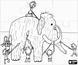 Coloriage Puzzle de Pr�histoire - Groupe d'hommes pr�historiques arm�s avec des lances de chasse d'un mammouth