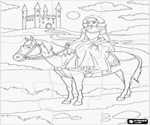 Coloriage Puzzle de princesse se promenant � des �chines de son cheval � proximit� du ch�teau