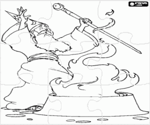 Coloriage Puzzle de Sorcier avec le feu, avec la baguette magique et le chapeau en forme de c�ne