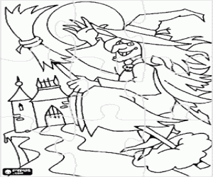 Coloriage Puzzle de sorci�re m�chante de son balai magique volant vers le ch�teau sur une nuit de pleine lune