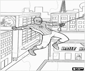 Coloriage Puzzle de Spiderman sautant entre les b�timents de la ville avec son balancement avec son toile d'araign�e