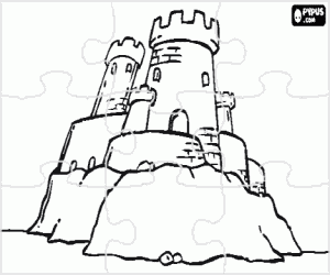 Coloriage Puzzle de tours � cr�neaux ou merlon� d'un ch�teau qui repose sur les rochers