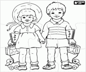 Coloriage Puzzle de un gar�on et une fille, chacune avec un livre, une petite valise et un jouet de petit canard