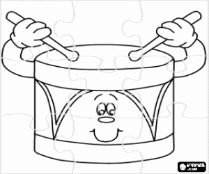 Coloriage Puzzle de un tambour, anim� et avec le visage, frapp�es avec une paire de baguettes