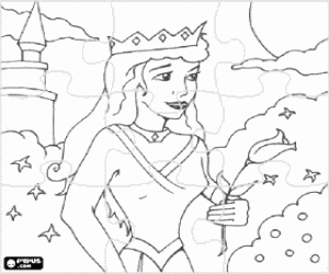 Coloriage Puzzle de visage de princesse avec de la couronne et une tulipe � la main dans le jardin du ch�teau